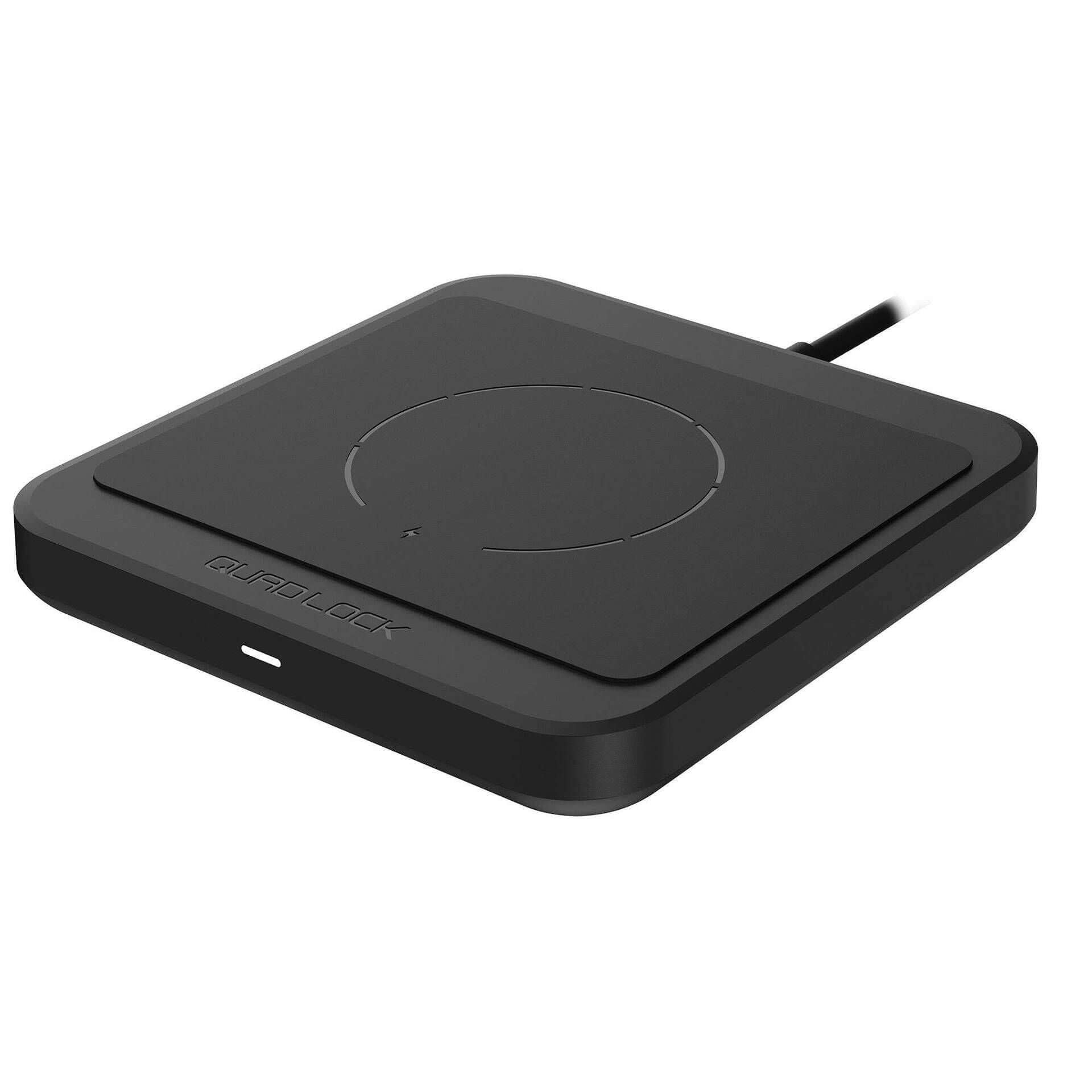 Black wireless charging pad on a white background