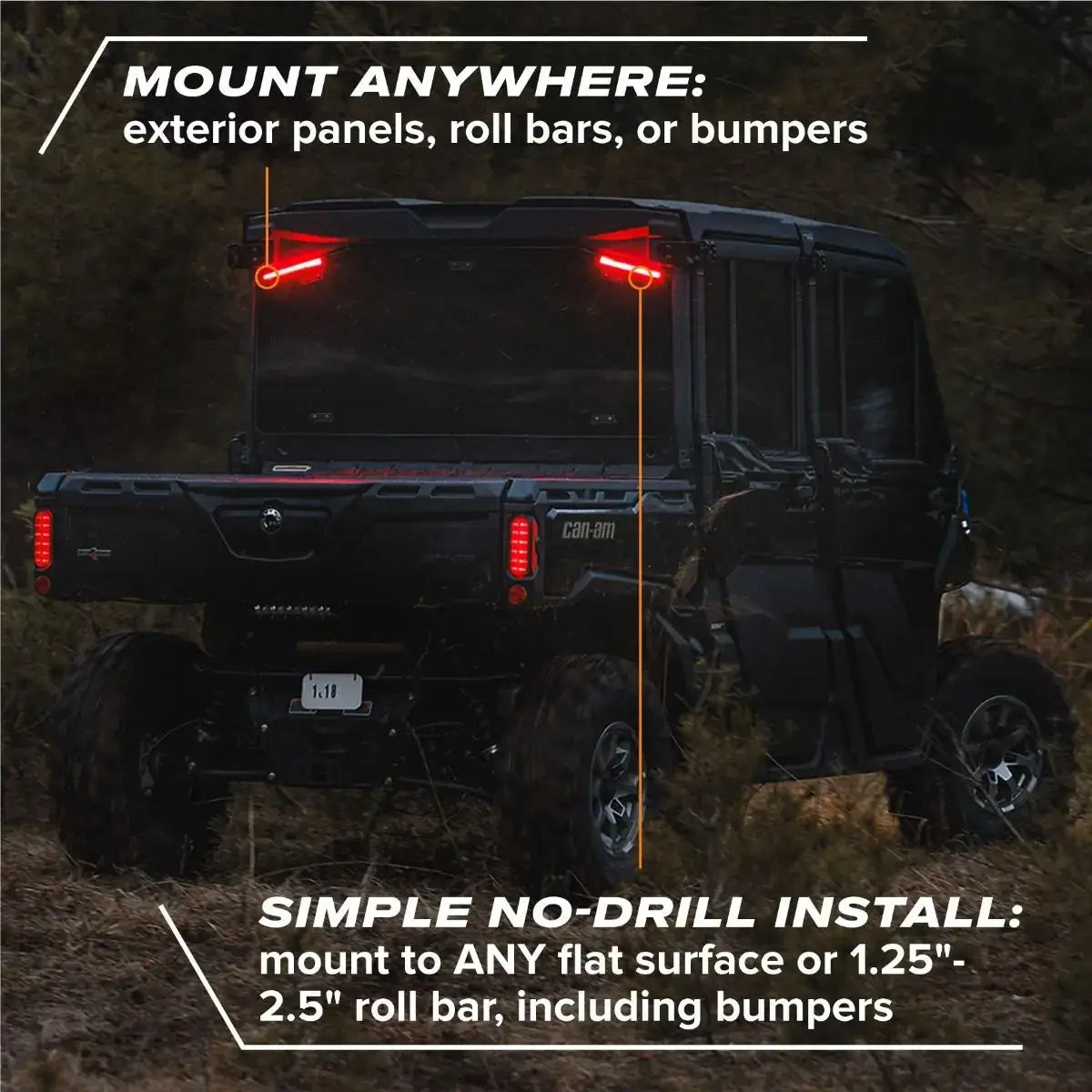 Off-road vehicle with mounted lights in a dark forest setting