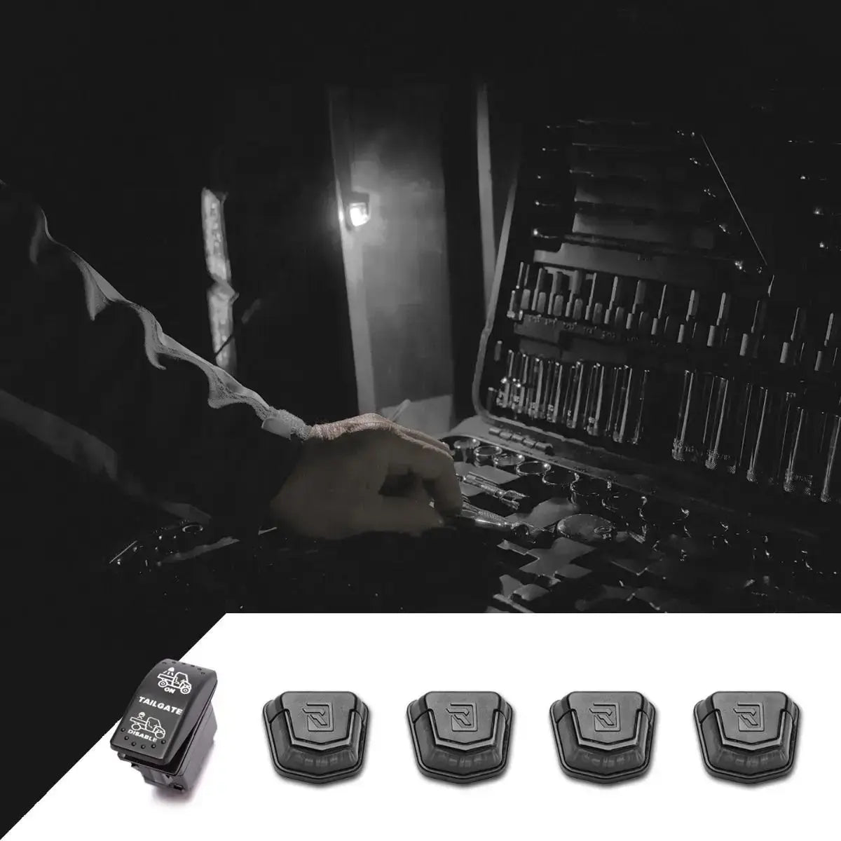 Person using toolbox, with Ravek accessories on white background