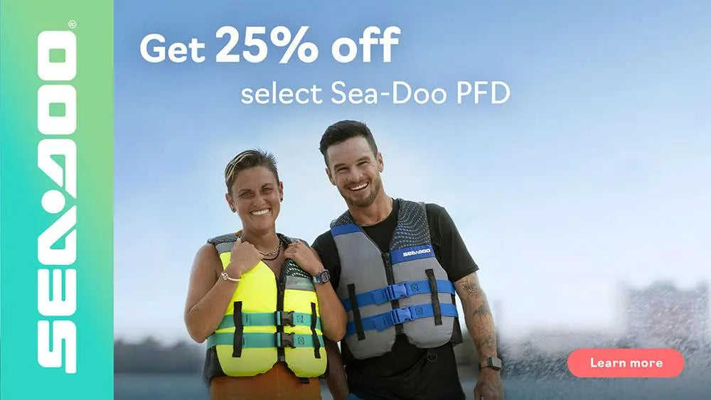 Two people in lifejackets with text information about the deals