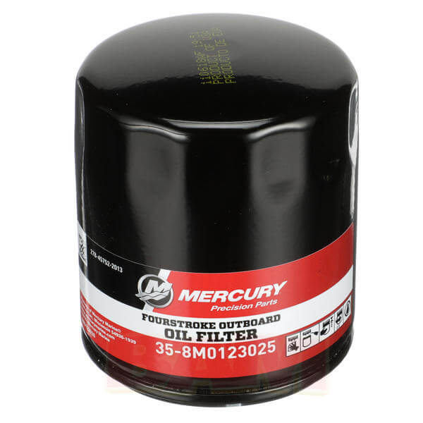 Mercury oil filter with black and red label on a white background