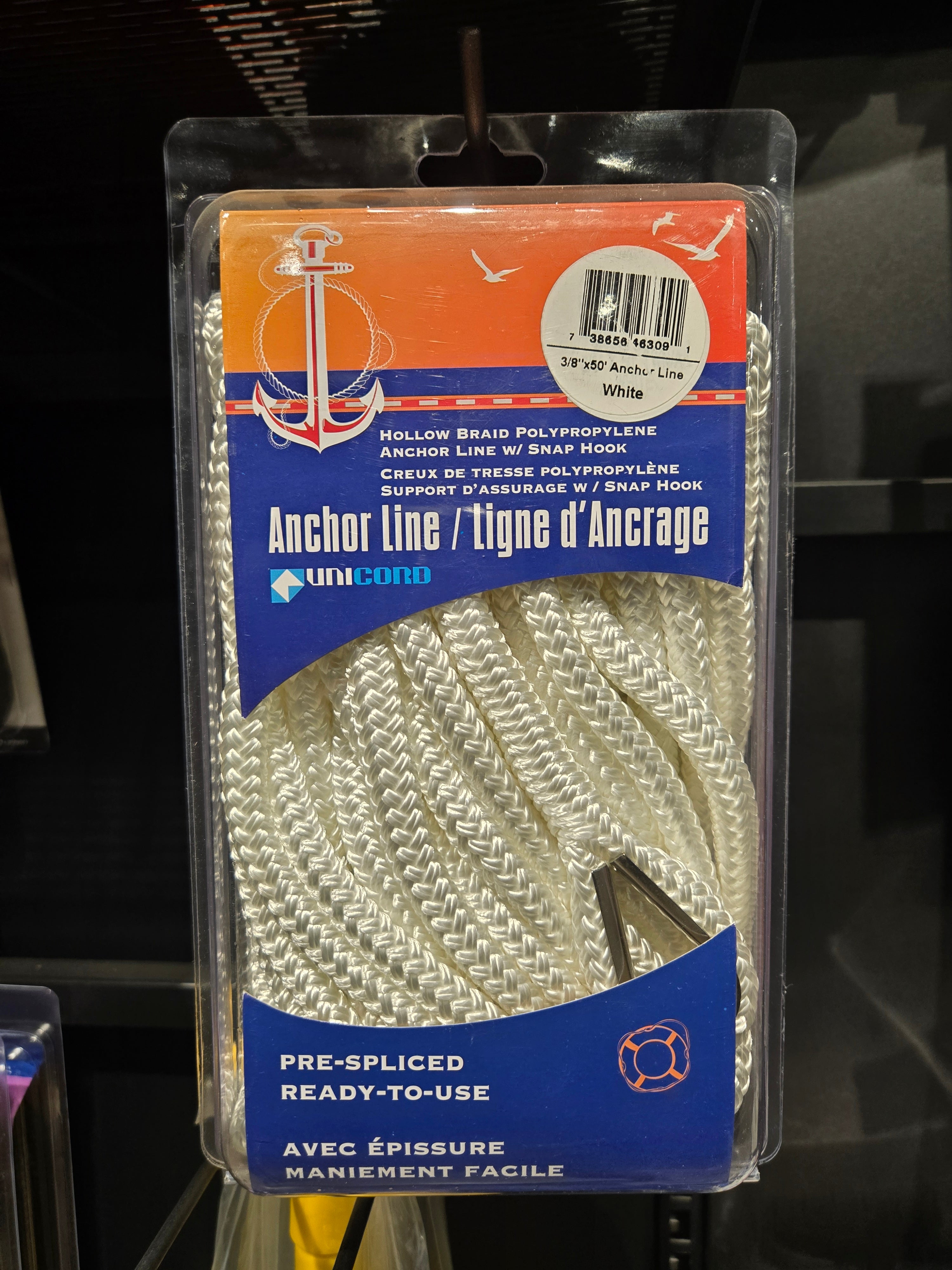 Unicord Hollow Braid Polypropylene White Anchor Line with Snap Hook 3/8 X 50' for Marine - 463091