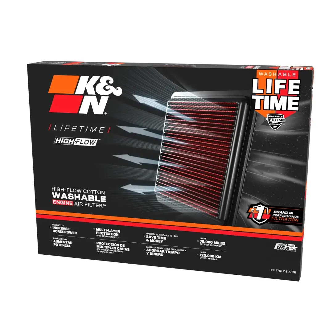 K&N air filter packaging with brand logo and product image on a black background