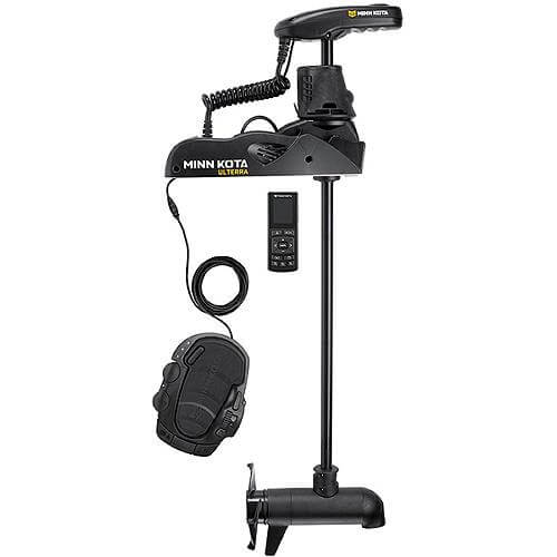 Minn Kota Ulterra bow-mount electric trolling motor with foot pedal and remote, 80 lb thrust, for freshwater use.