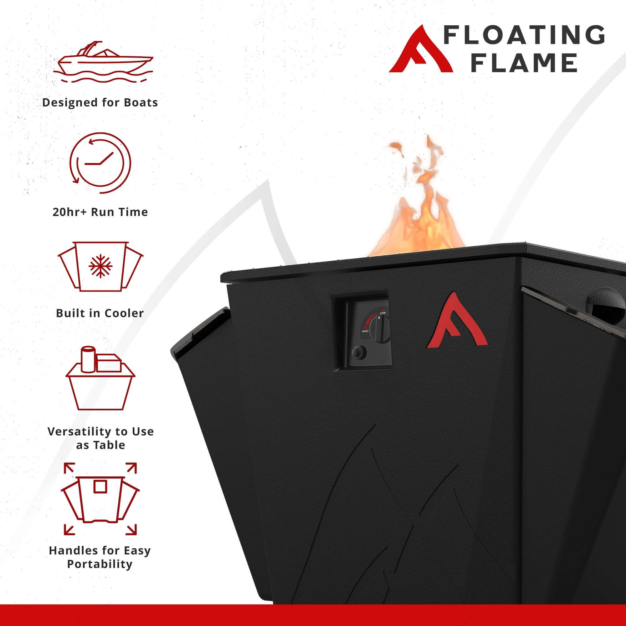 Floating Flame Portable Fire Pit spec sheet with image of device