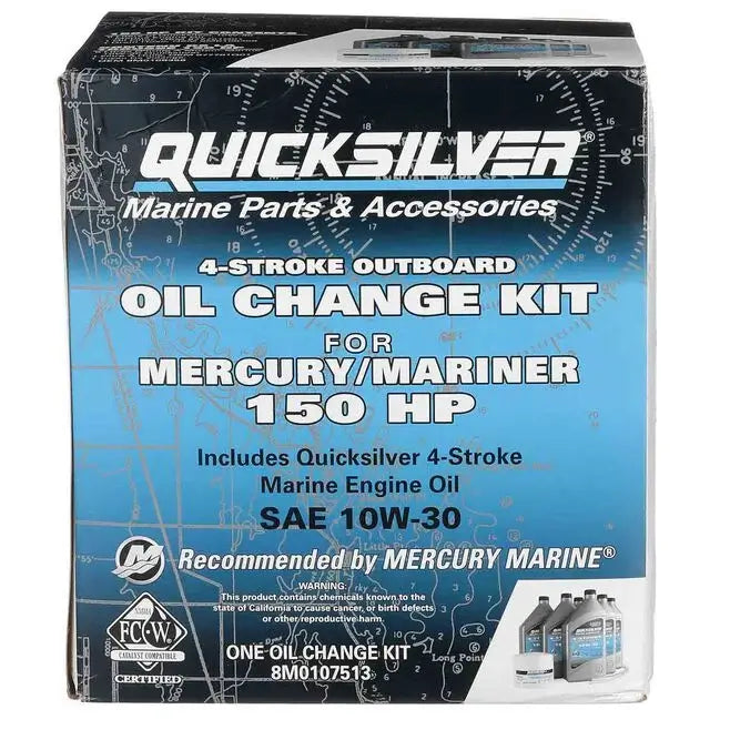 Quicksilver marine oil change kit packaging for Mercury/Mariner 150 HP engines.
