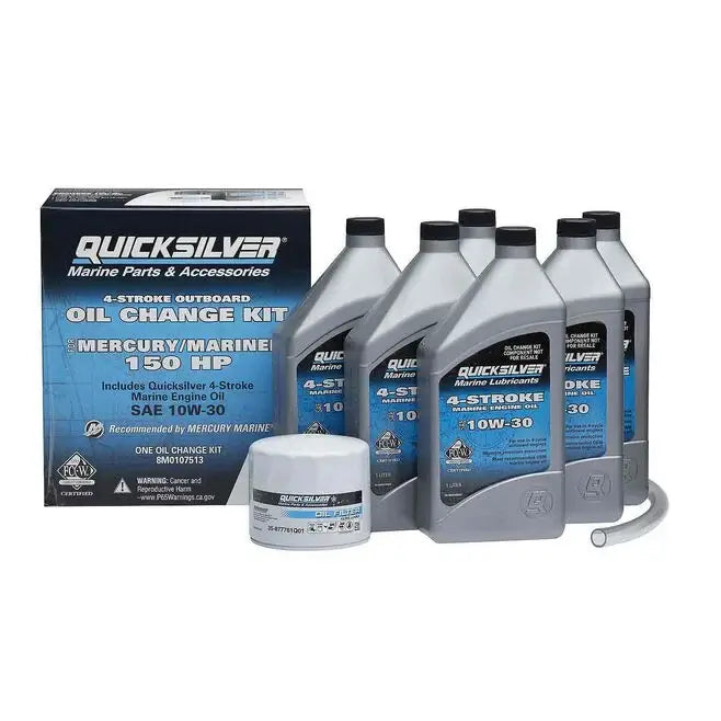 Quicksilver oil change kit with bottles and packaging on a white background