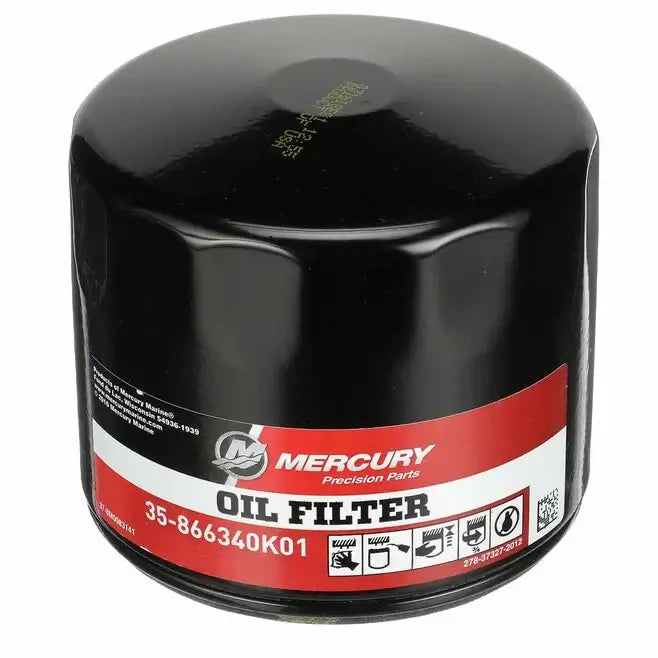 Black oil filter with Mercury label on a white background