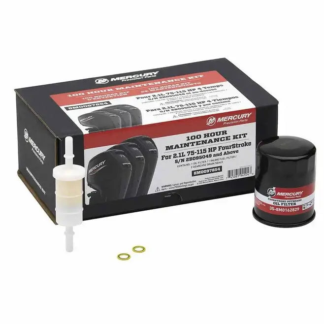 Mercury 100 Hour Maintenance Kit with oil filter, dipstick, and washers on a white background