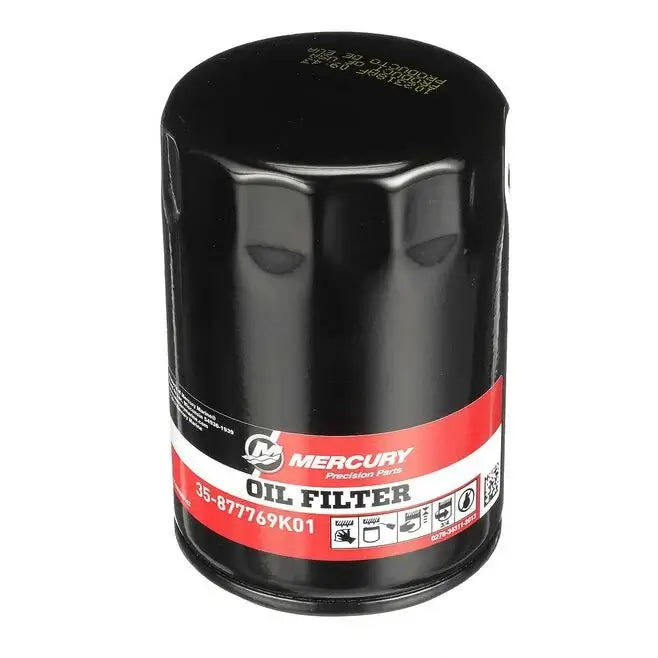 Black oil filter with Mercury branding on a white background
