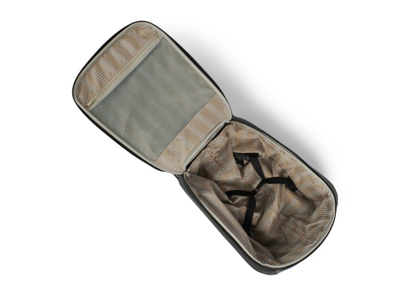 Can-Am Spyder RT semi-rigid front cargo travel bag interior view with mesh pocket and straps