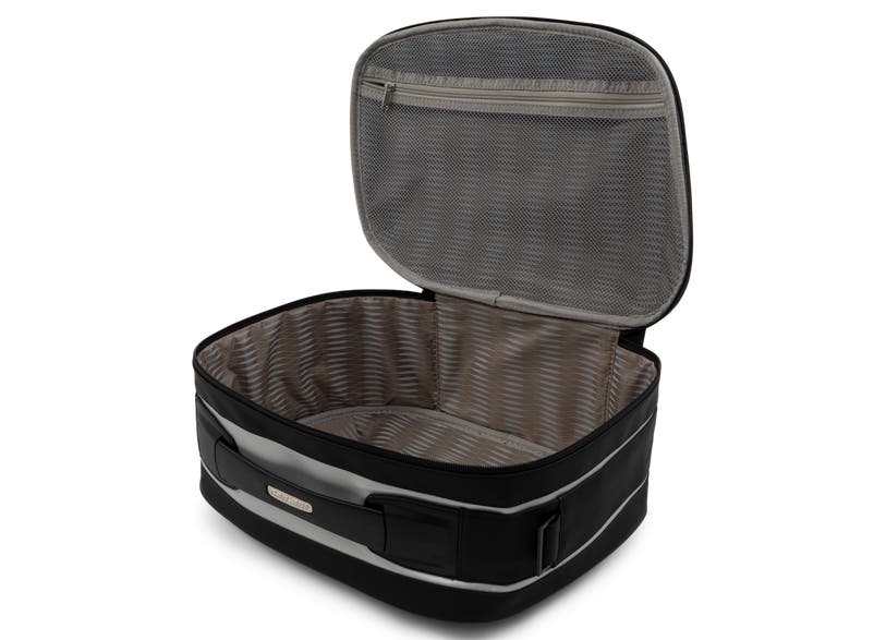 Can-Am Spyder RT semi-rigid rear cargo bag open showing mesh pocket and interior lining