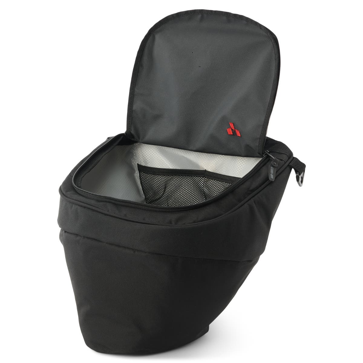 Can-Am Spyder F3 front cargo bag black open showing mesh interior pocket and zipper