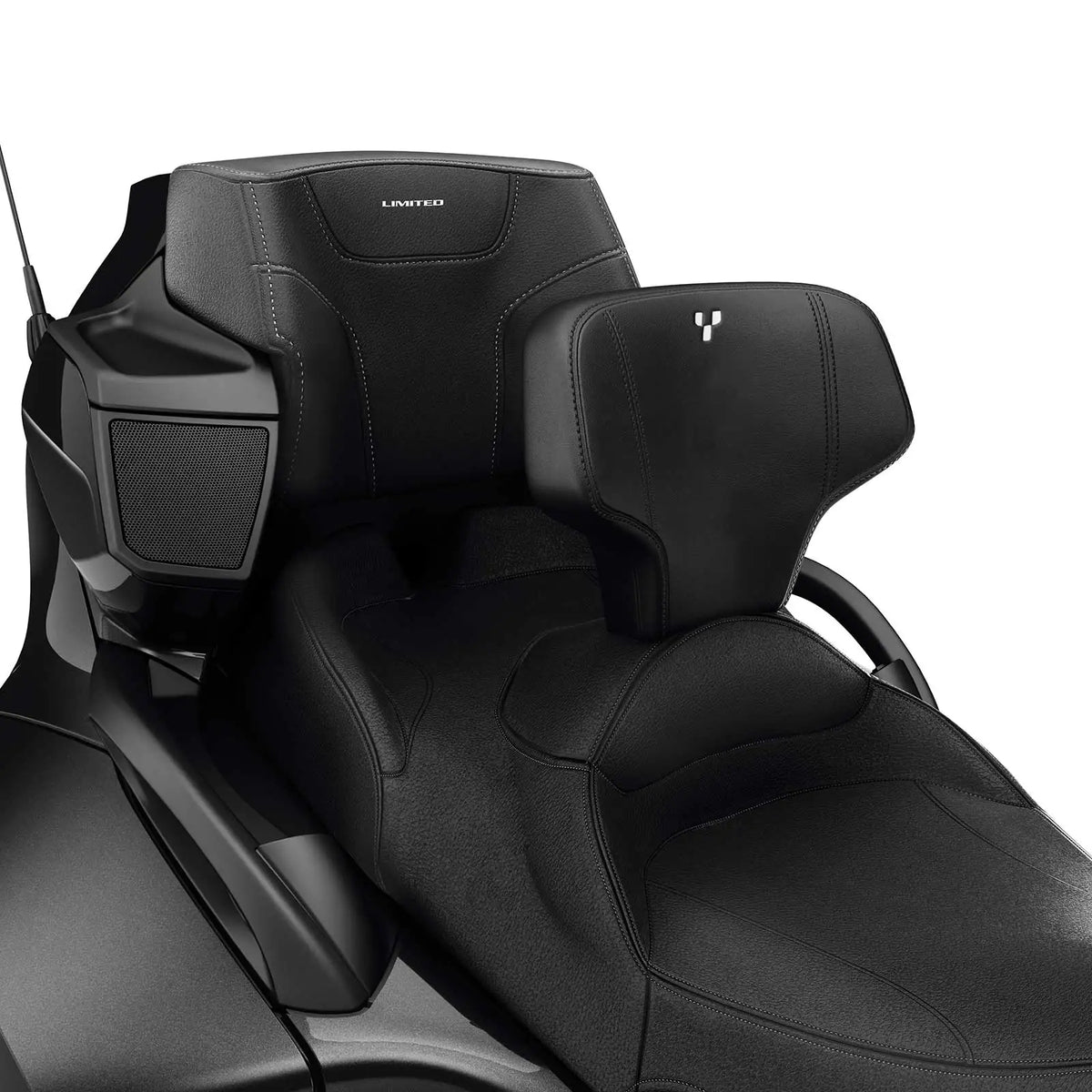 Can-Am Spyder adjustable driver backrest mounted on black Limited production seat close-up
