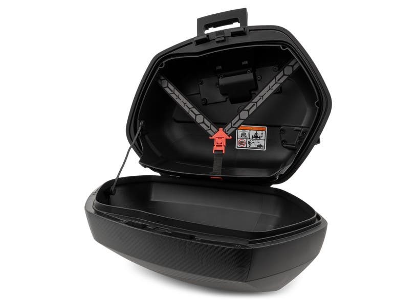 Open Can-Am Spyder SHAD 36L saddlebag showing interior straps and cargo net for F3 F3-S