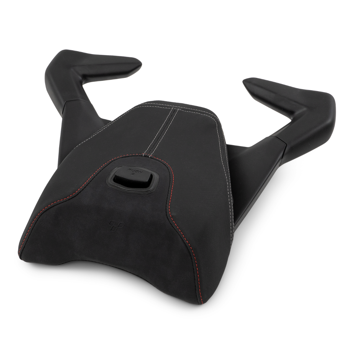 Black Can-Am Ryker passenger comfort seat with grab handles and red stitching, rear angle view