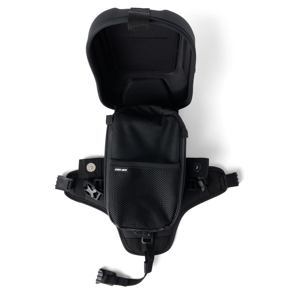 Can-Am Ryker tank bag black open showing hard shell storage compartment and straps