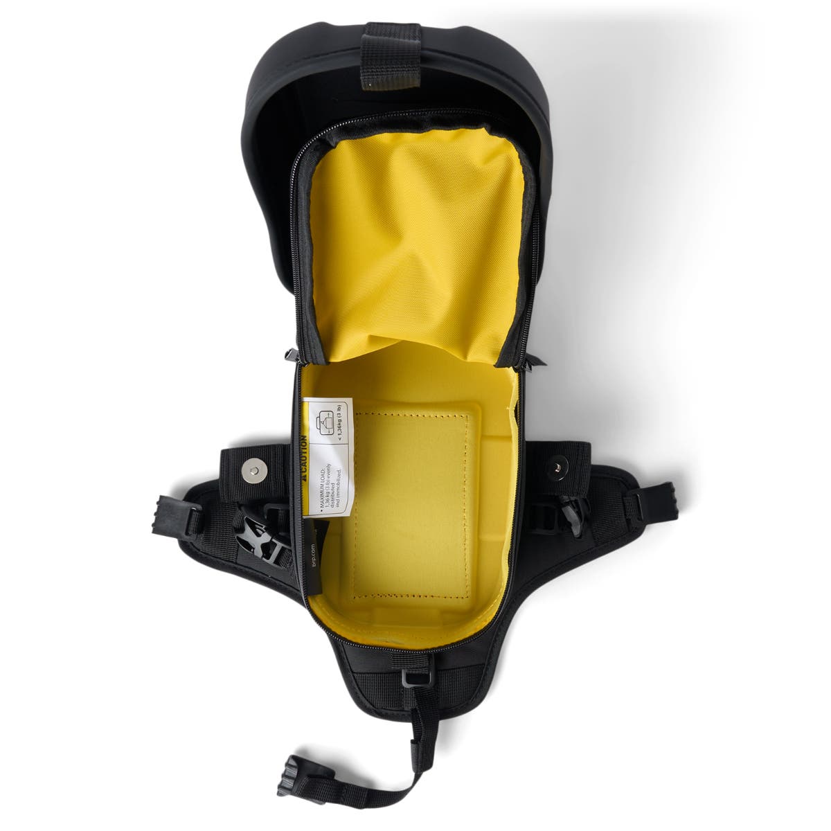 Can-Am Ryker tank bag interior view showing yellow lining and mounting straps