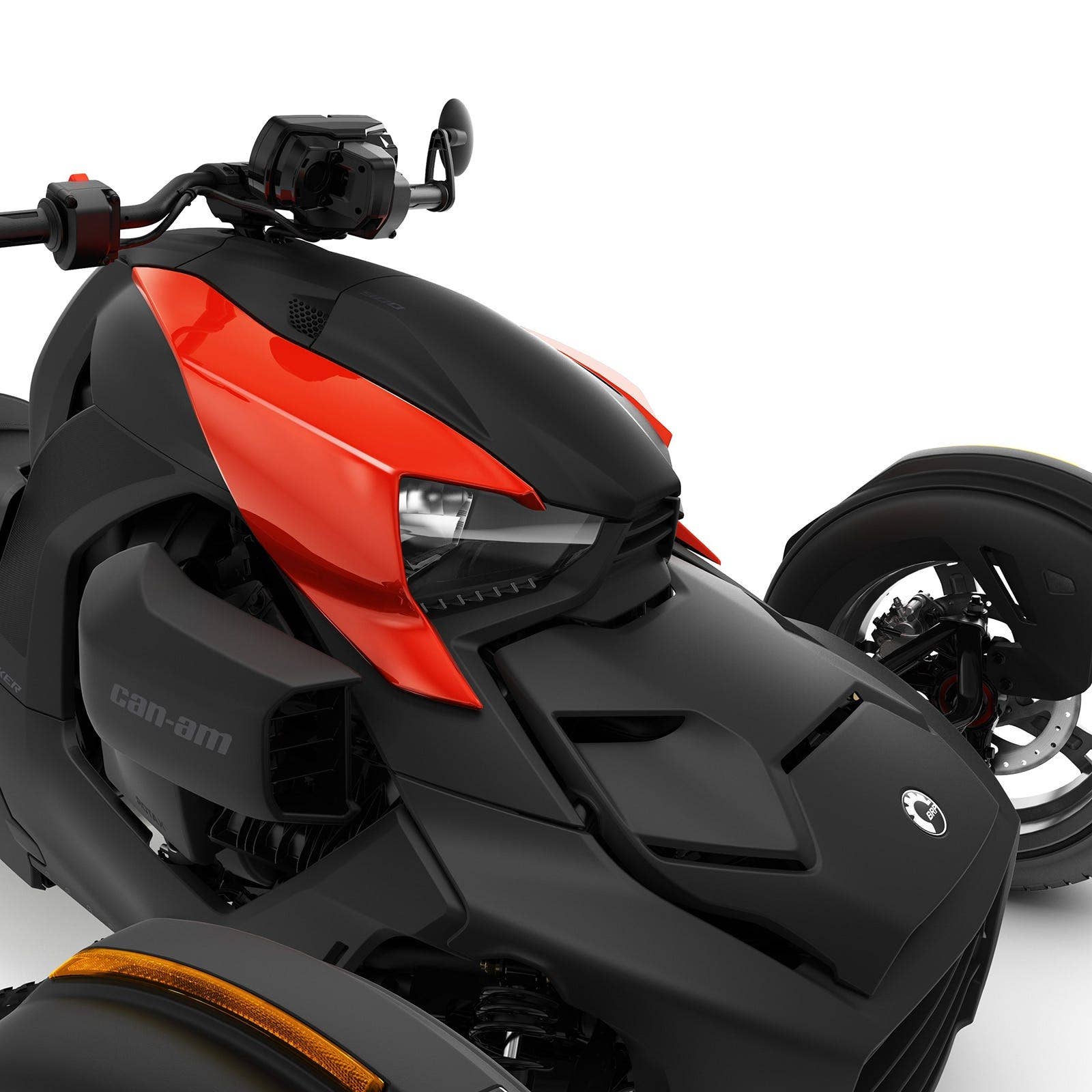 Can-Am Ryker three-wheeler front fairing detail in matte black and red classic panel