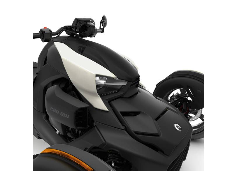 Can-Am Ryker front body panel in Immortal White close-up showing headlight and handlebars