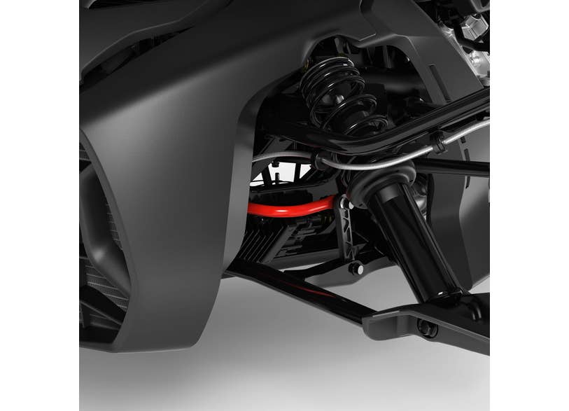 Can-Am Ryker front swaybar and suspension close-up, black frame with red sway bar link