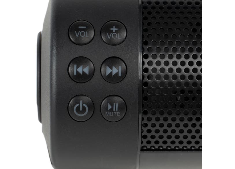 Can-Am Bluetooth handlebar soundbar by MTX close-up of volume power and track control buttons