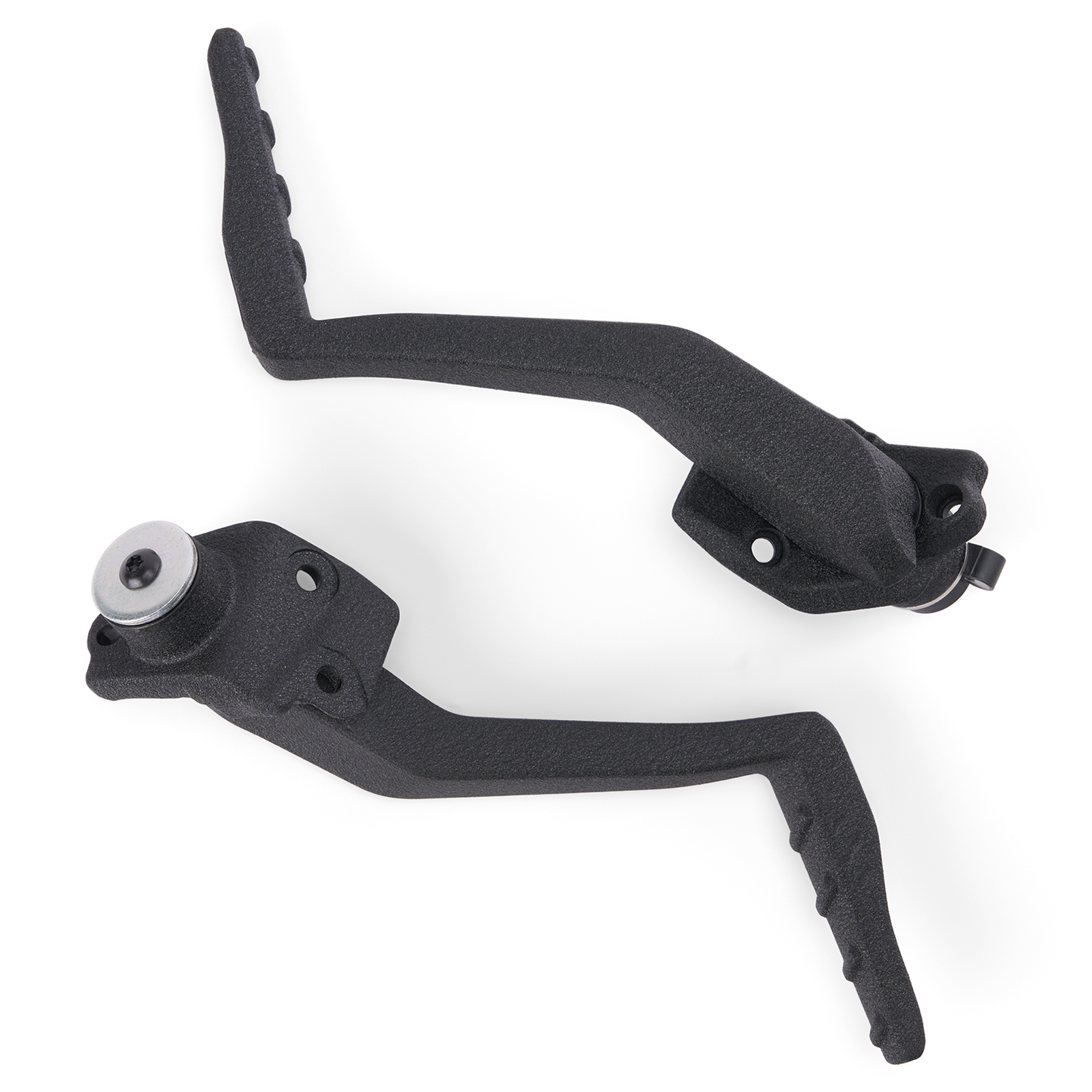 Black textured Can-Am Ryker passenger footpegs pair, folding design, top view
