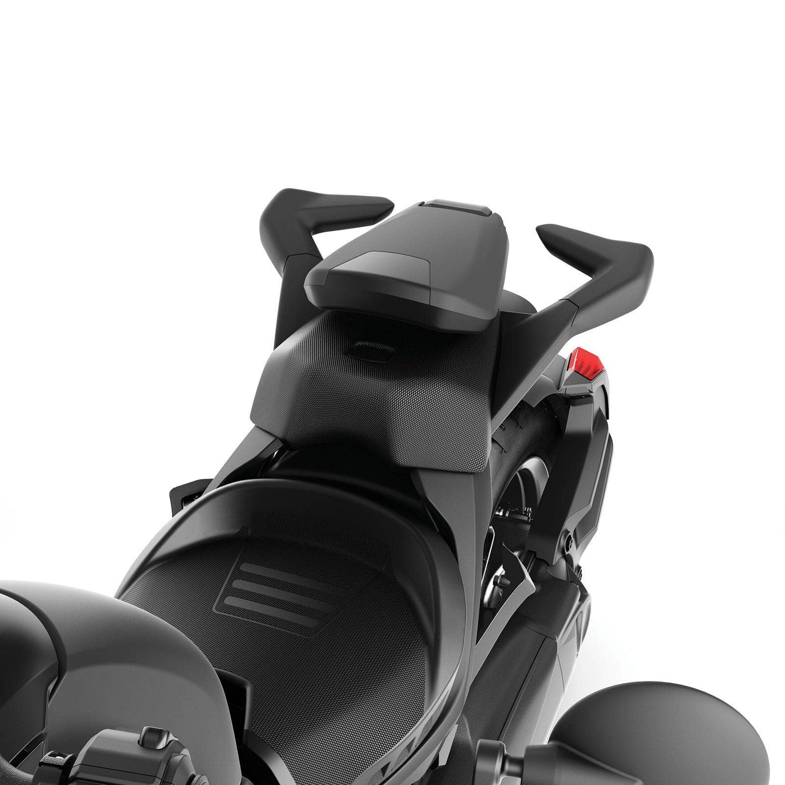 Can-Am Ryker foldable passenger backrest mounted on black seat rear view