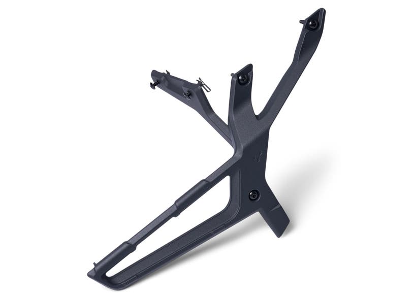 Black Can-Am Ryker saddlebag support rack, angled view showing mounting brackets