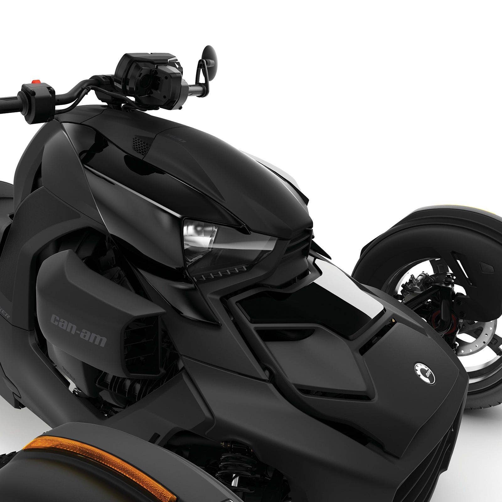 Black Can-Am Ryker three-wheeler front hood accent detail with headlight and handlebar view