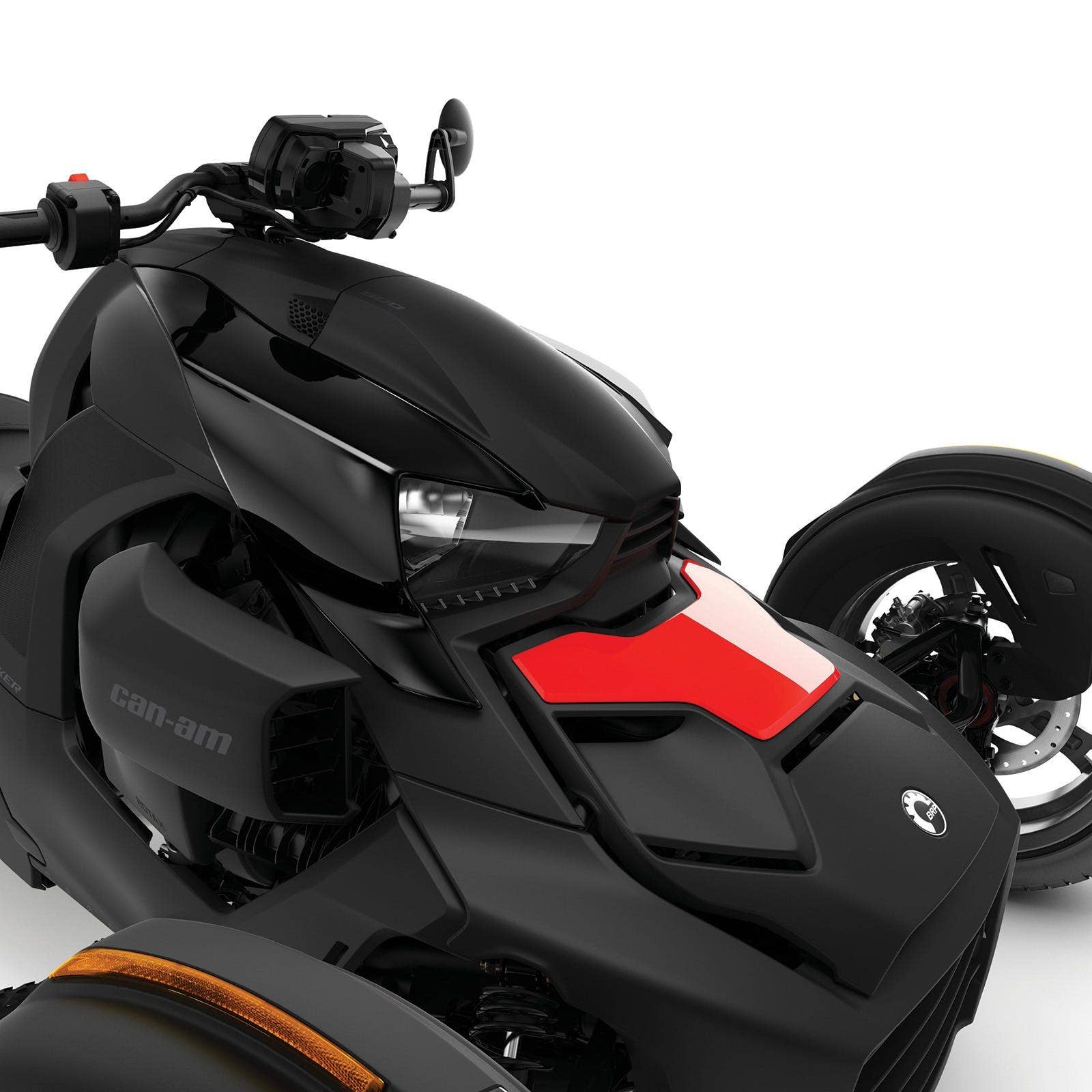 Can-Am Ryker three-wheeler close-up black hood with red Classic Hood Accent trim