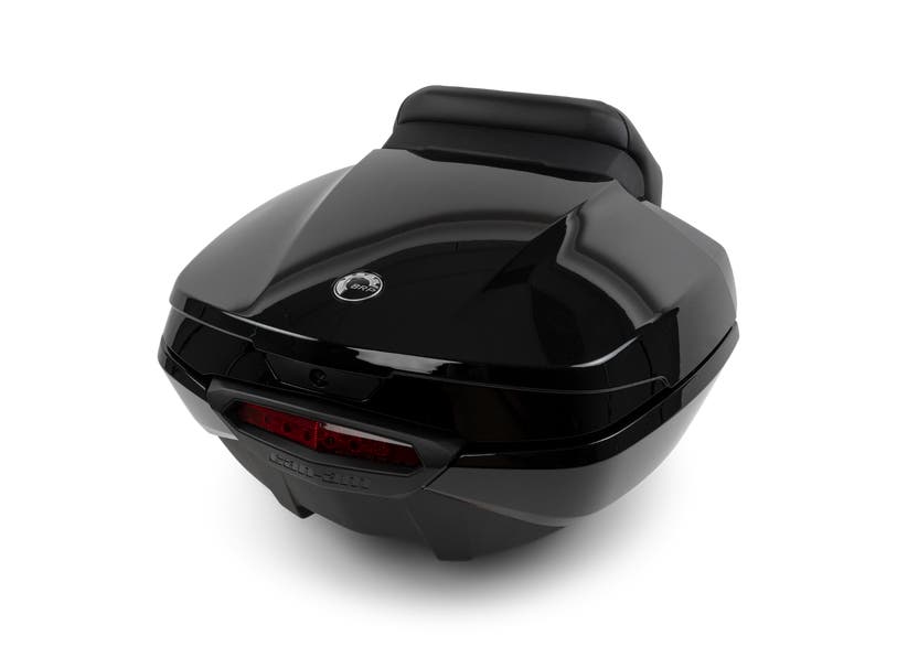 Can-Am Spyder RT top case 60L rear trunk with backrest and taillight, rear angle view