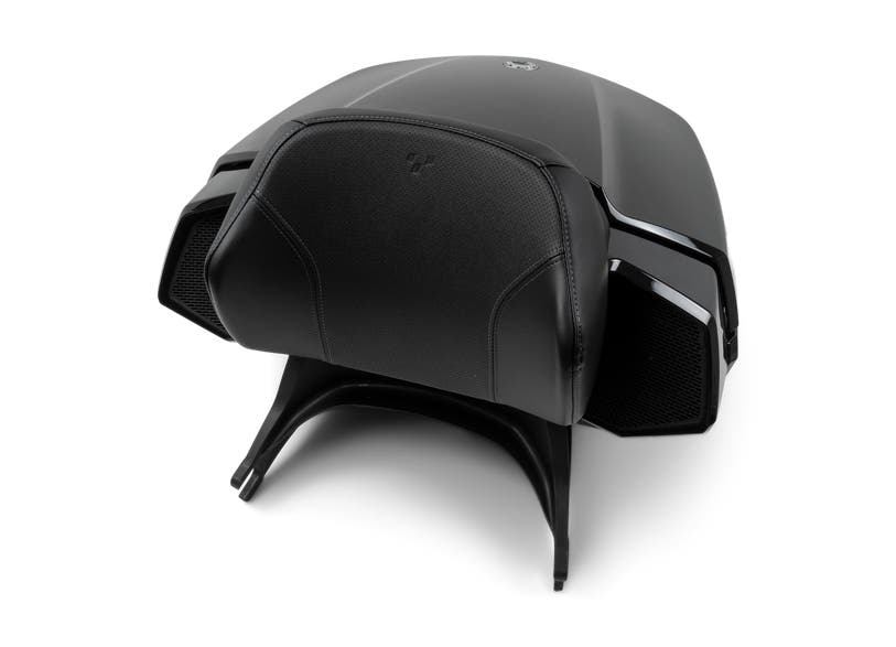 Can-Am Spyder RT 60L top case with padded backrest, rear angle view