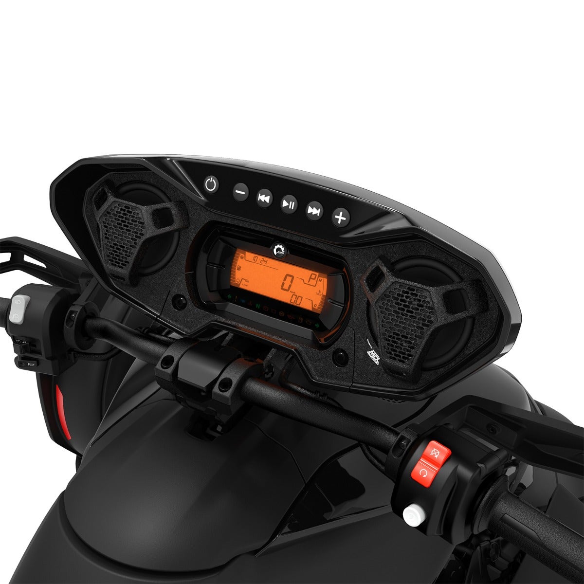 Can-Am Ryker audio system with built-in speakers and digital gauge display