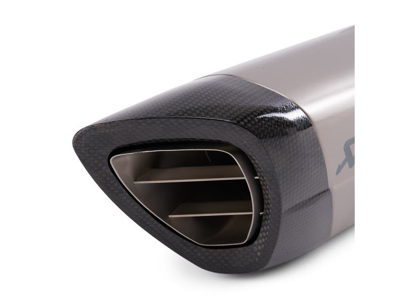 Can-Am Spyder RT Akrapovič slip-on exhaust carbon fiber tip close-up 2020 and up