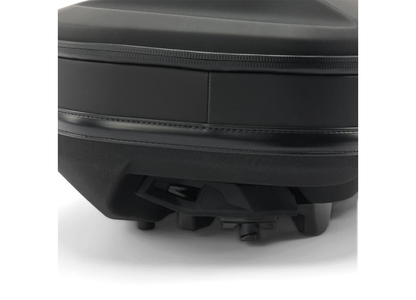 Close-up black semi-rigid LinQ bag mounting bracket for Can-Am Ryker and Spyder RT