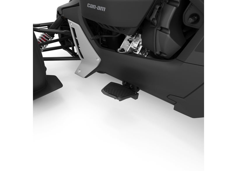 Can-Am Ryker floorboard closeup showing footpeg mount and front suspension detail