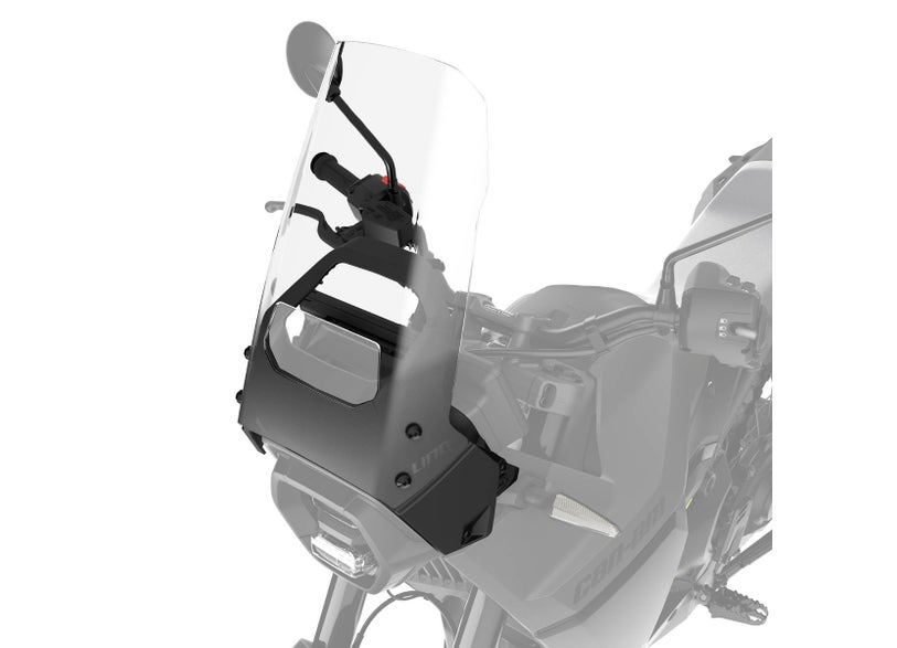 Can-Am Origin LinQ adjustable windshield installed on EV motorcycle cockpit view