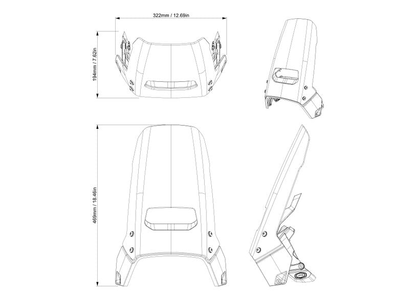 Can-Am Origin LinQ adjustable windshield technical diagram with dimensions for EV motorcycles