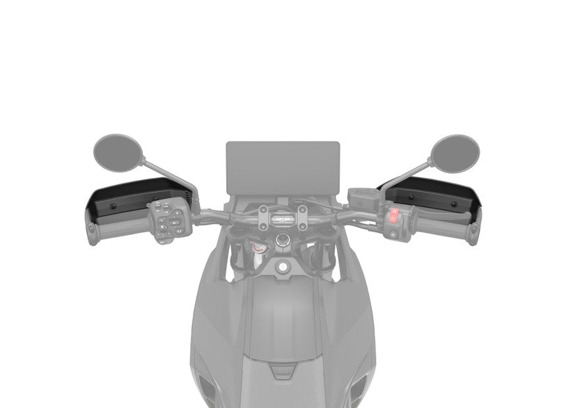 Can-Am Origin and Pulse handguard deflectors installed on motorcycle handlebars front view
