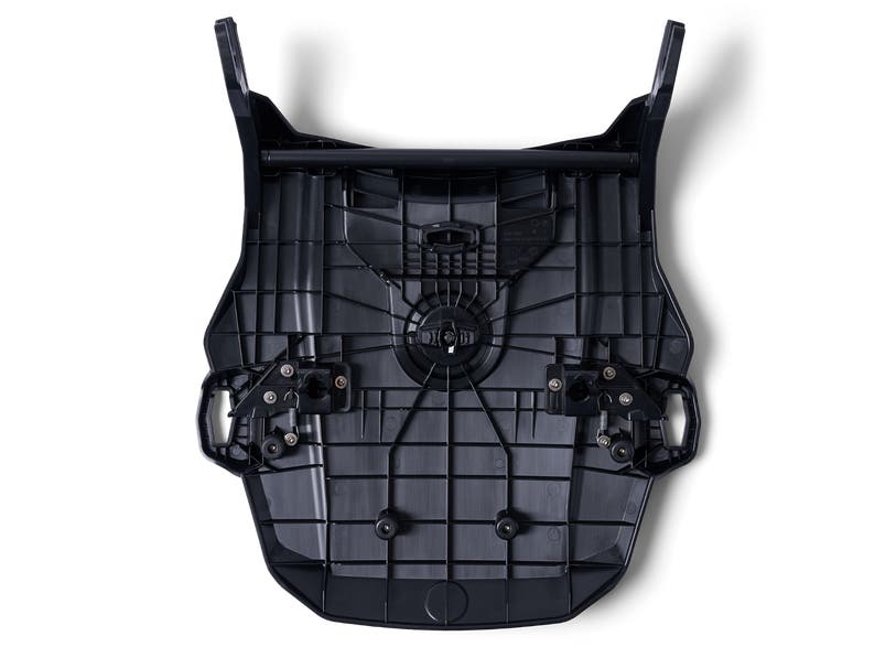 Can-Am Spyder RT LinQ rack mounting base, black plastic, underside view showing latches