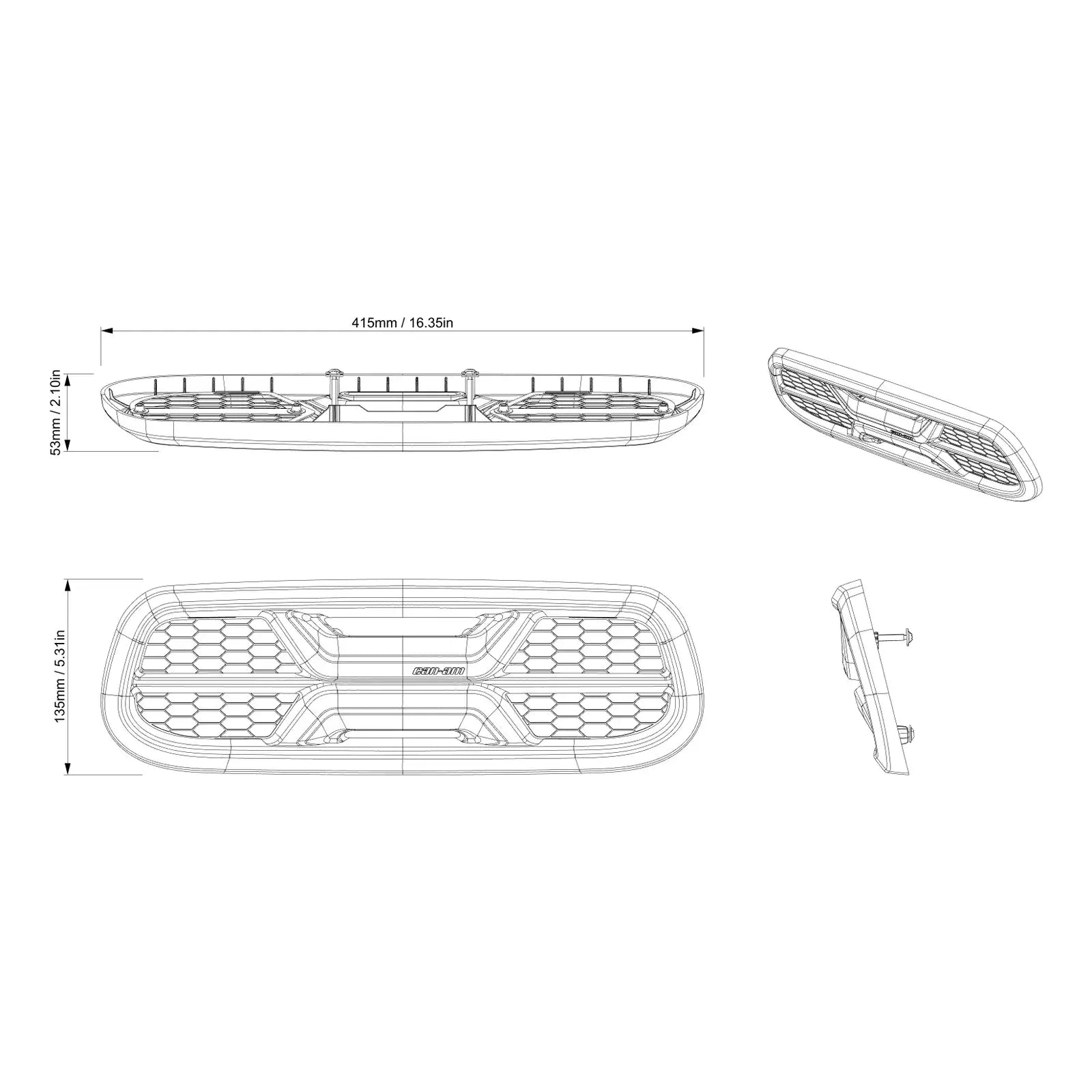 Technical drawing of a three wheel vehicle grille with dimensions on a white background