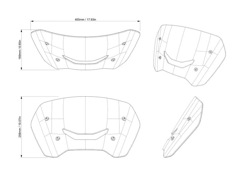 Can-Am Canyon Sport windshield technical diagram with dimensions multiple views
