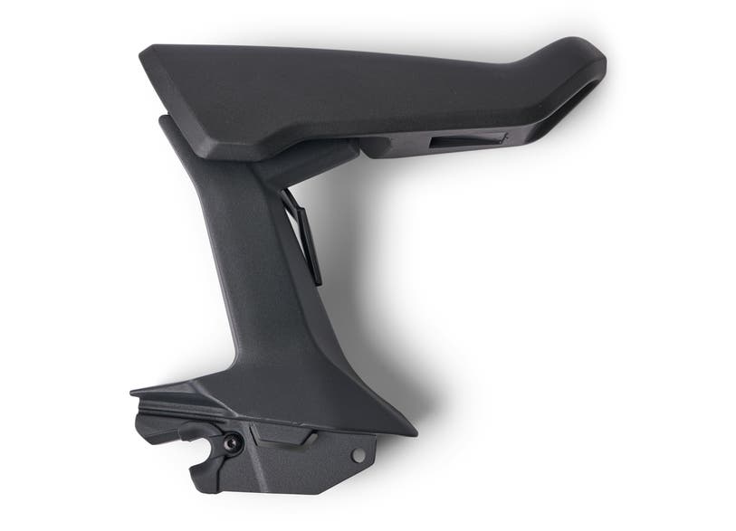 Black Can-Am Spyder passenger armrest OEM plastic mount side view