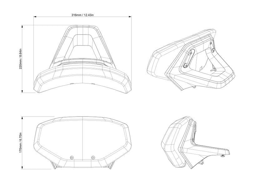 Can-Am Canyon passenger backrest technical dimension drawing multiple angles 316mm width