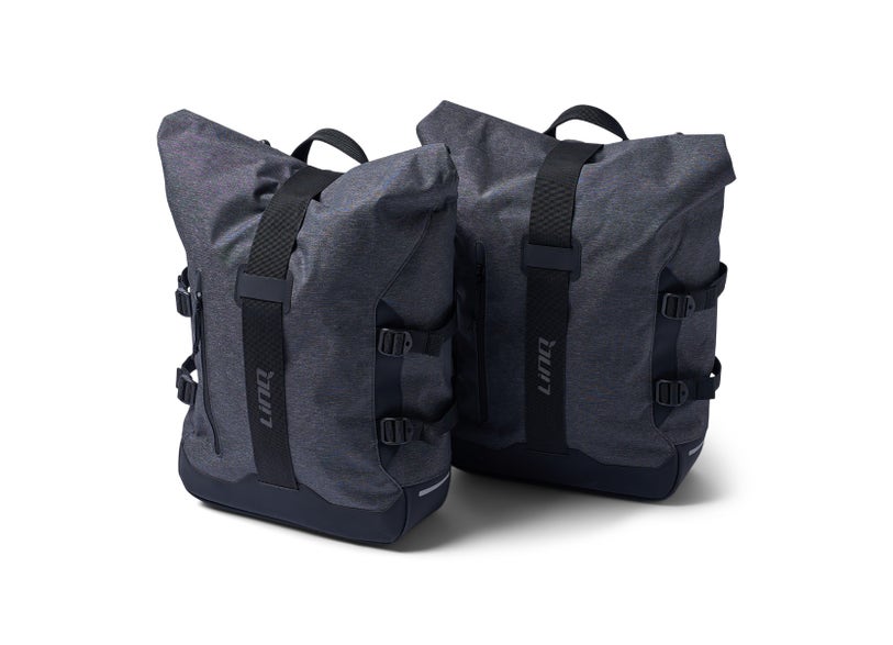 Can-Am Origin LinQ saddlebags 22L gray motorcycle side bags pair front view