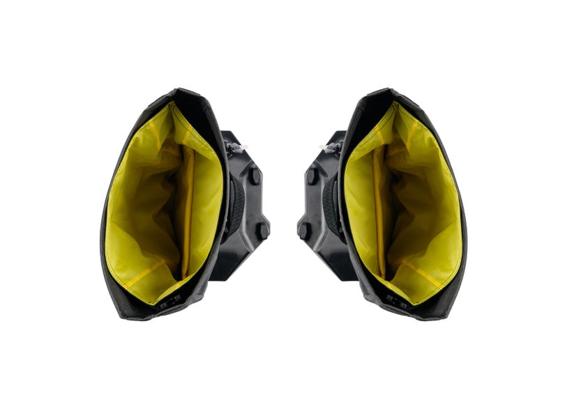 Can-Am Origin LinQ saddlebags 22L open interior view black yellow motorcycle side bags