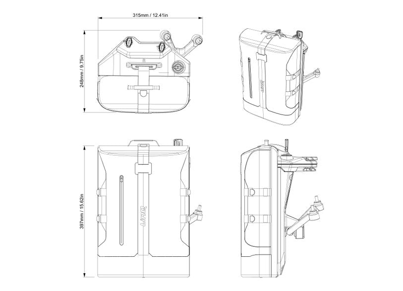 Can-Am Origin LinQ saddlebag 22L dimension diagram front side rear views for EV motorcycles