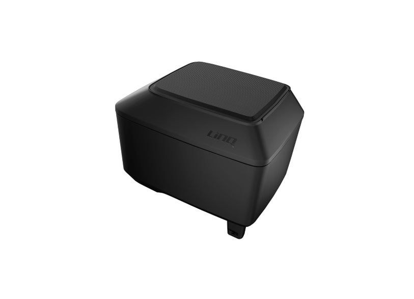 Black Can-Am LinQ 9.5 gallon top case with speaker grille for Origin and Pulse EV motorcycles