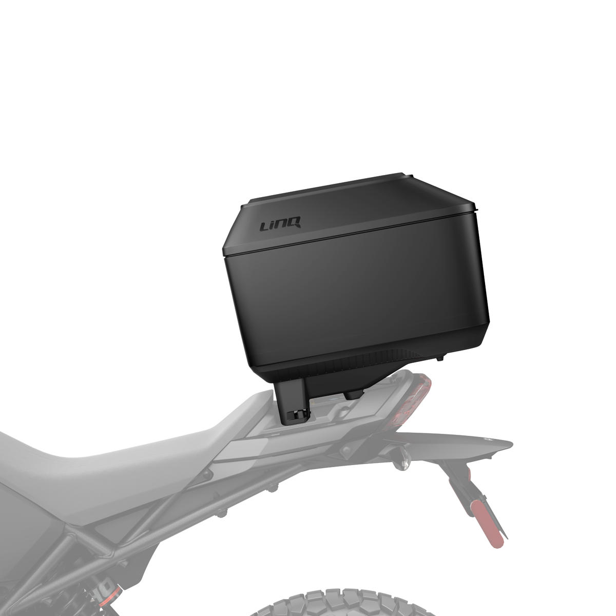 Black LinQ 36L top case mounted on Can-Am Origin Pulse EV motorcycle rear rack